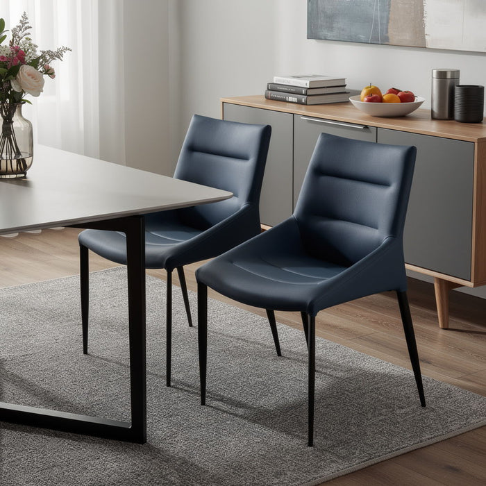 Faux Leather Metal Dining Side Chairs (Set of 2) - Navy Blue / Black
