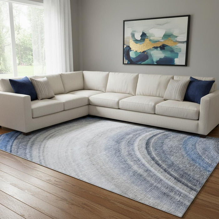 9' X 12' Ombre Washable Area Rug With UV Protection (650301) - Blue / Ivory / Gray