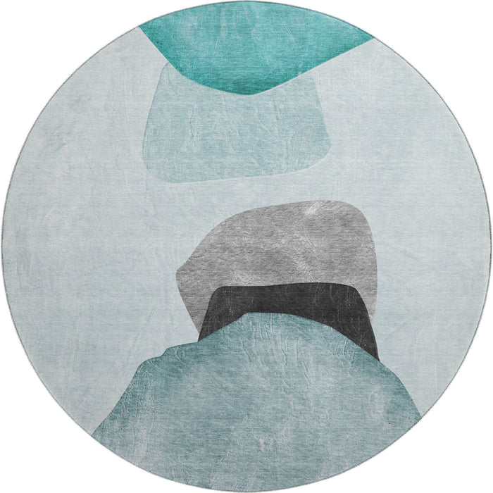 8' Abstract Washable Round Rug With UV Protection (648487) - Teal / Gray