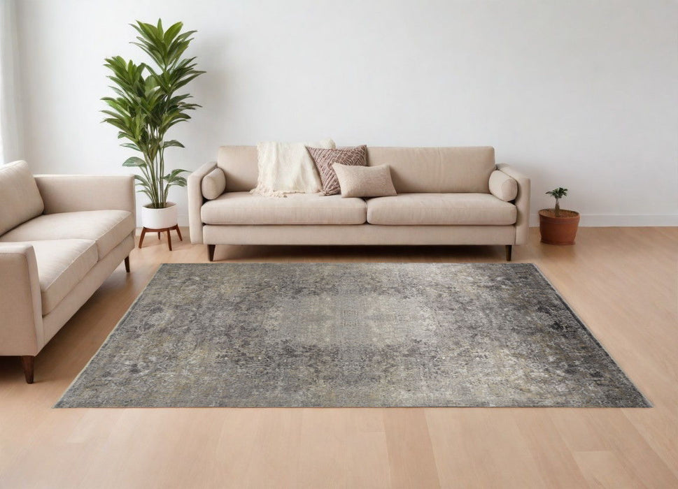 7' x 10' Oriental Power Loom Worn Faded Area Rug - Tan And Gray