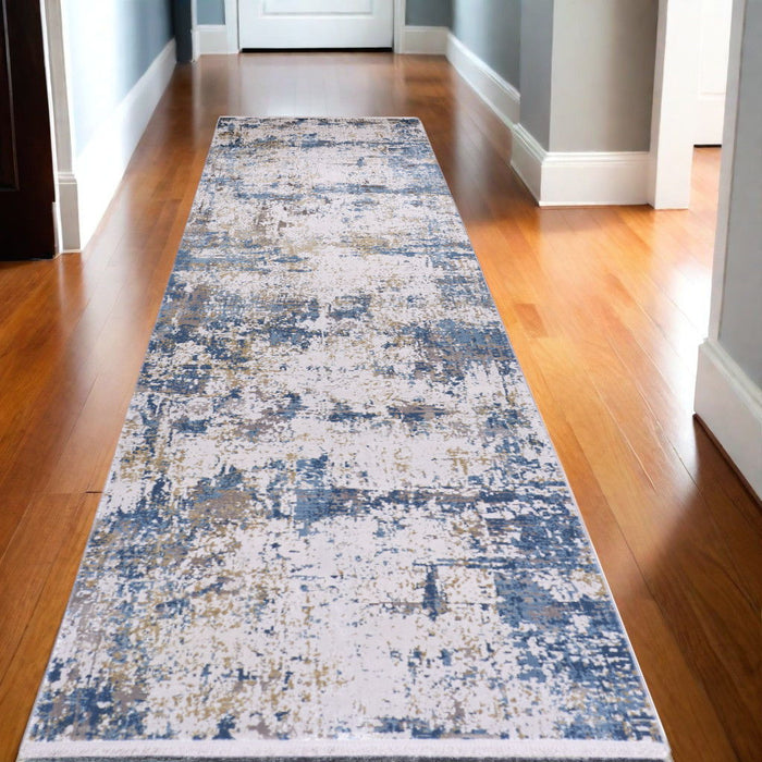 10' Abstract Power Loom Runner Rug With Fringe - Ivory