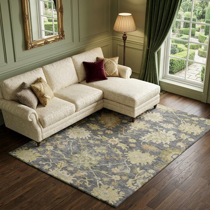 10' X 14' Floral Medallion Washable Area Rug With UV Protection (686861) - Gray / Ivory / Gold