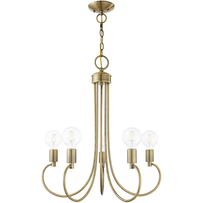 26" Five Light Dimmable Chandelier With Shades - Antiqued Brass