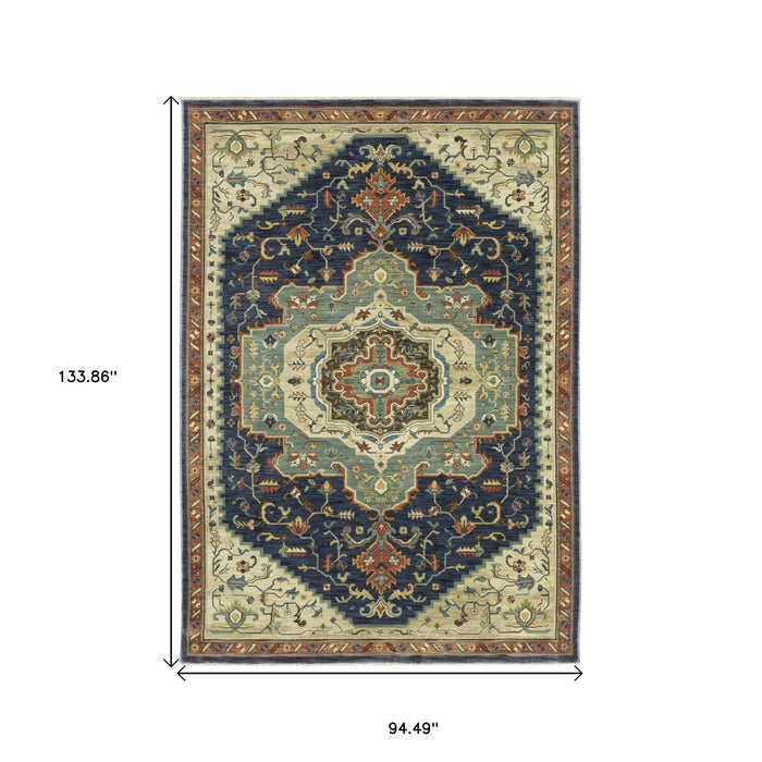 8' X 11' Oriental Area Rug With Fringe - Blue And Orange