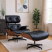 Black 28-inch tufted genuine leather lounge chair with matching rosewood ottoman, stylish stationary chair and ottoman set by HomeRoots.