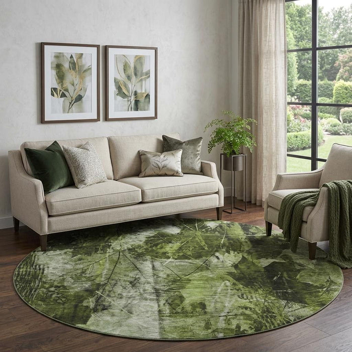 8' Floral Washable Round Rug With UV Protection (649069) - Green / Ivory