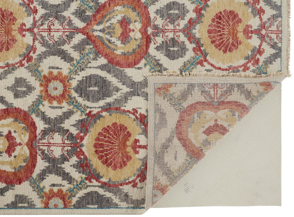 8' x 10' Wool Floral Hand Knotted Stain Resistant Area Rug - Orange And Gray