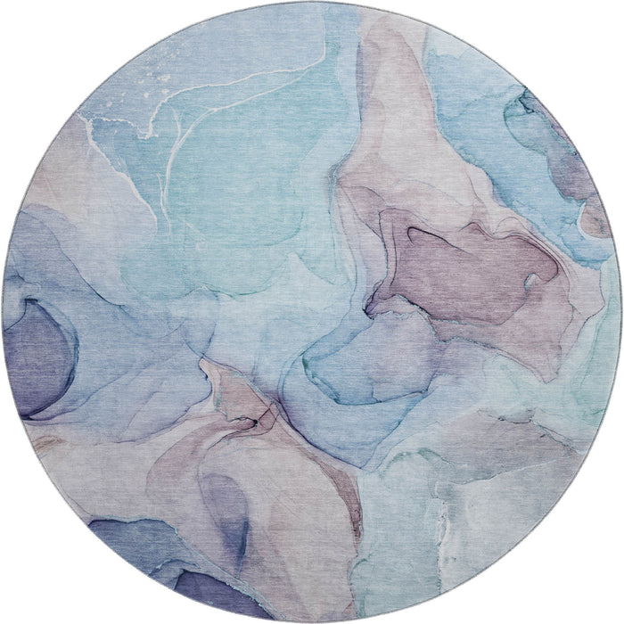 8' Abstract Washable Round Rug With UV Protection (646725) - Navy Blue / Purple / Gray