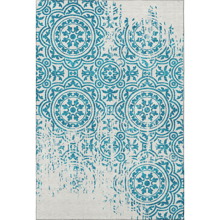 10' X 14' Medallion Washable Area Rug With UV Protection - Teal / Ivory