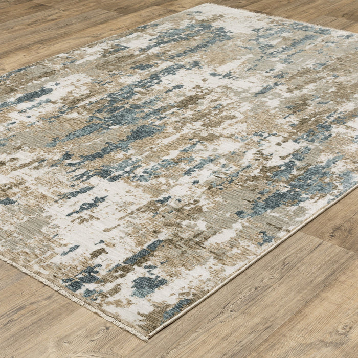 10' X 13' Abstract Area Rug With Fringe (575156) - Beige / Ivory / Teal