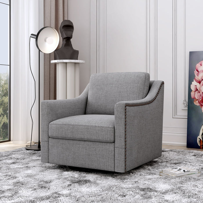 Giga 360-degree swivel armchair with skin-friendly fabric, ergonomic design, and brass nail decorative accents.