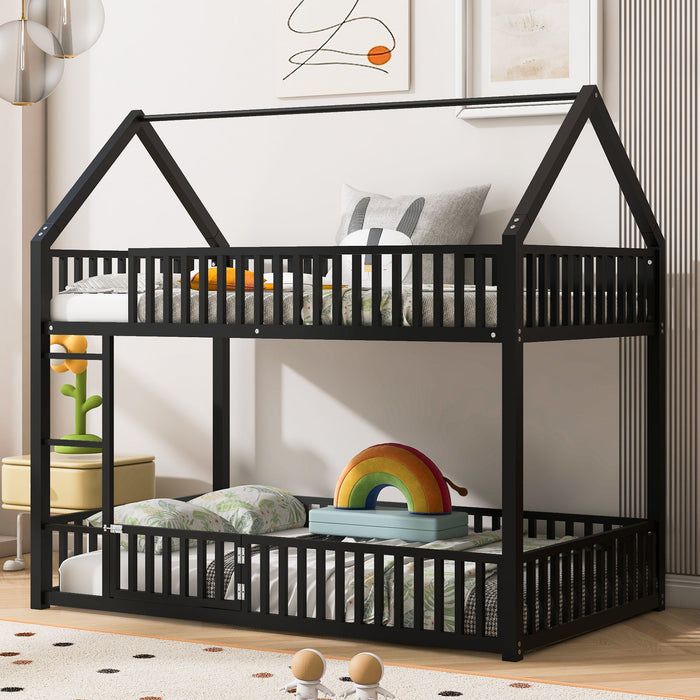 Giga Metal House Bunk Bed with fence and door, featuring a playful house design, sturdy metal frame, ideal for kids' bedrooms.