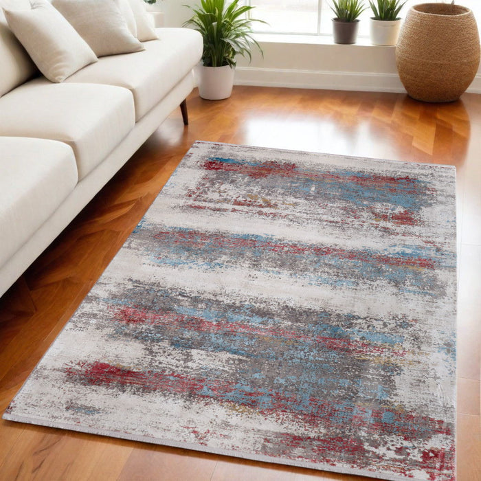 8' X 5' Abstract Power Loom Area Rug With Fringe - Gray / Red
