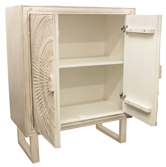 Solid Wood Two Door Floral Carved Accent Cabinet - Distressed White