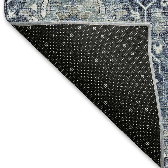 10' X 14' Floral Medallion Distressed Washable Area Rug With UV Protection (644568) - Blue / Ivory