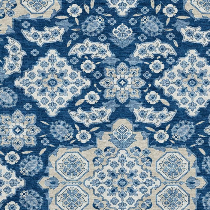 10' X 14' Floral Medallion Washable Area Rug With UV Protection (705857) - Navy Blue / Ivory