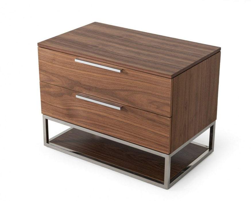 Contemporary walnut accent nightstand with two drawers and stainless steel legs, modern furniture by HomeRoots.