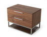 Contemporary walnut accent nightstand with two drawers and stainless steel legs, modern furniture by HomeRoots.