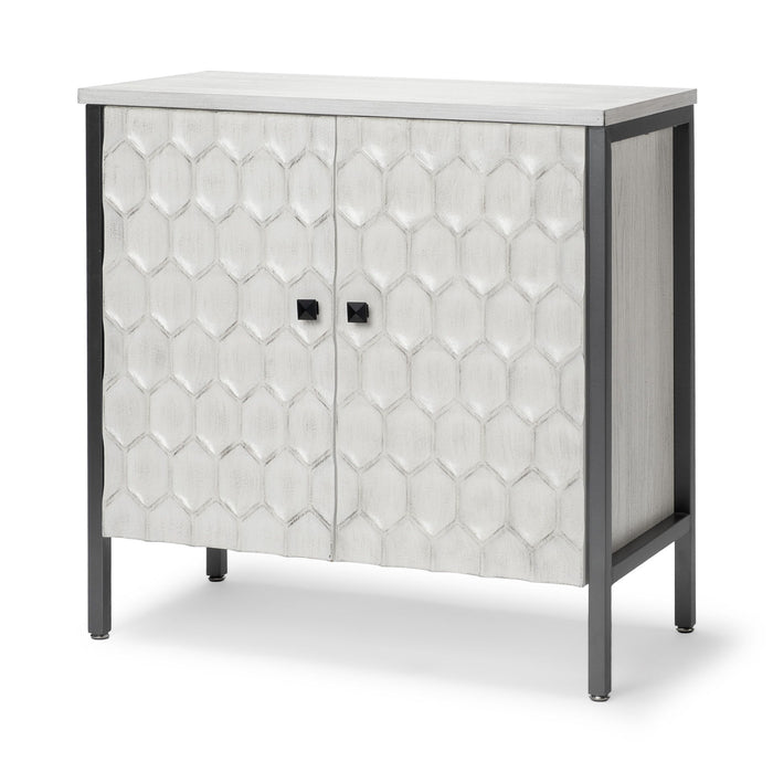 Gray and white 32-inch wood and metal carved geometric accent cabinet with two doors, by HomeRoots.