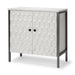 Gray and white 32-inch wood and metal carved geometric accent cabinet with two doors, by HomeRoots.