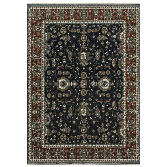 10' X 13' Oriental Area Rug With Fringe - Navy Blue And Rust