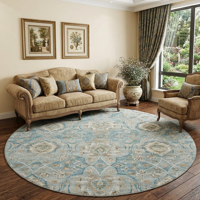8' Floral Medallion Distressed Washable Round Rug With UV Protection (644583) - Persian Blue / Coffee / Ivory