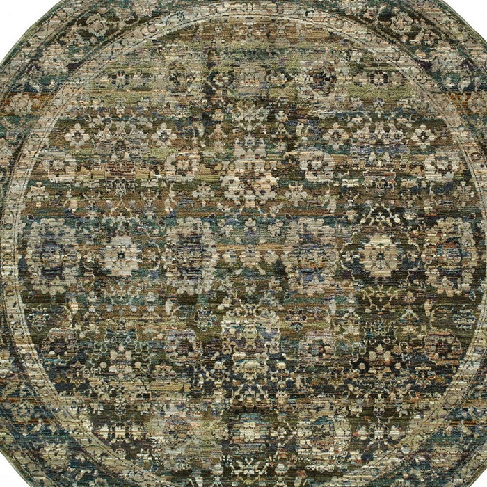 7' Round Floral Area Rug - Green And Brown