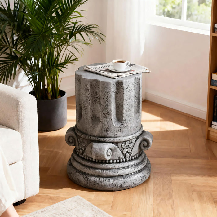 Giga antique gray round outdoor end table for patio and garden, stylish side table with a sturdy metal frame and textured surface.