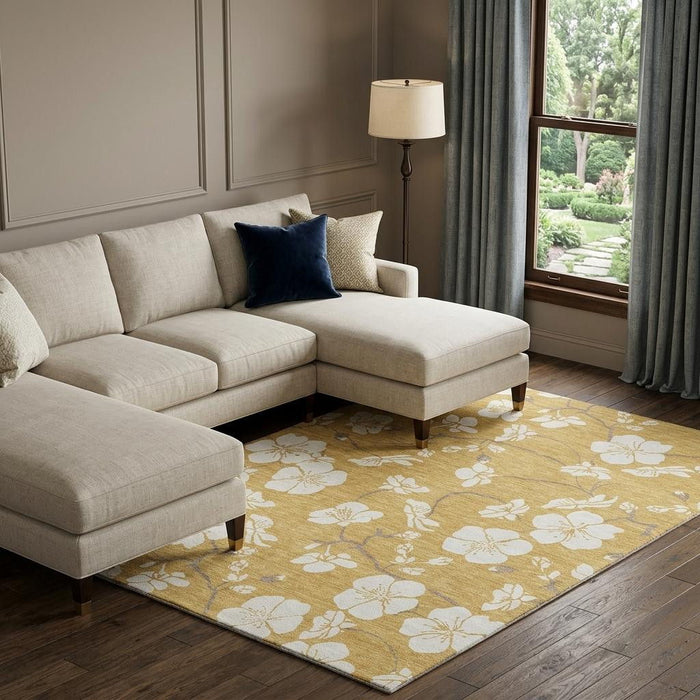 10' X 14' Floral Washable Area Rug With UV Protection (681035) - Gold / Ivory