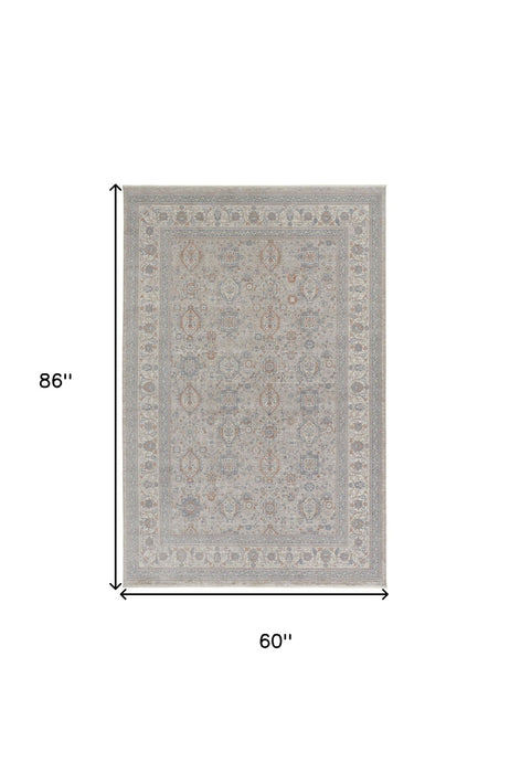 5' x 7' Oriental Power Loom Worn Faded Area Rug With Fringe - Silver Taupe And Blue