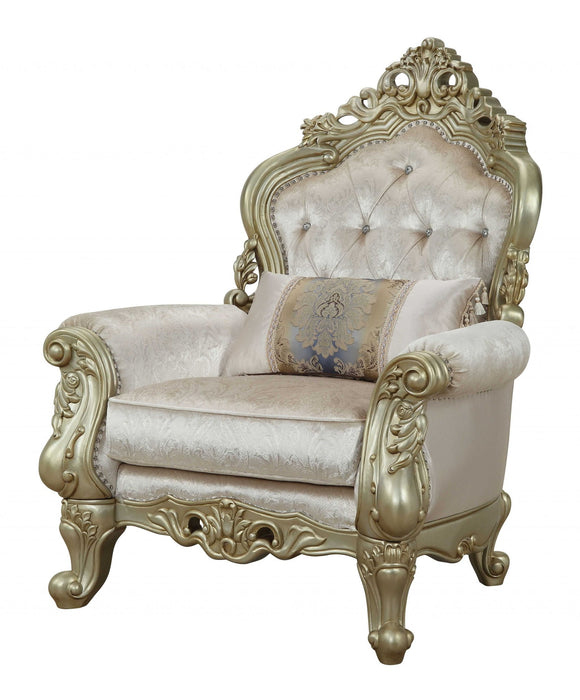Fabric Damask Tufted Arm Chair And Toss Pillow - Cream And Antiqued White
