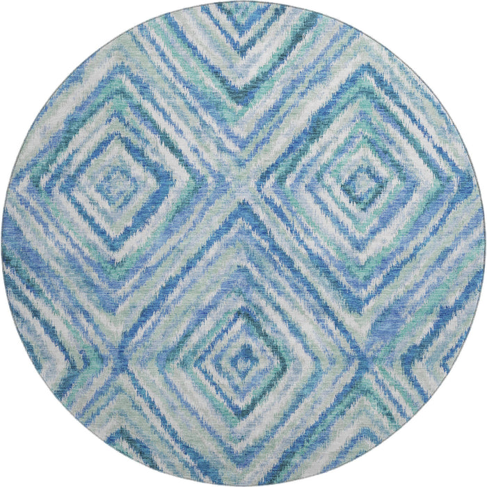 8' Geometric Washable Round Rug With UV Protection - Blue / Ivory