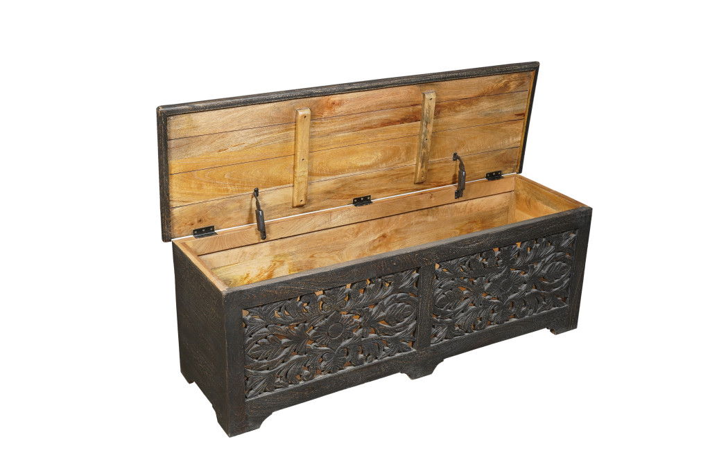 52" Distressed Solid Wood Carved Floral Storage Ottoman - Black
