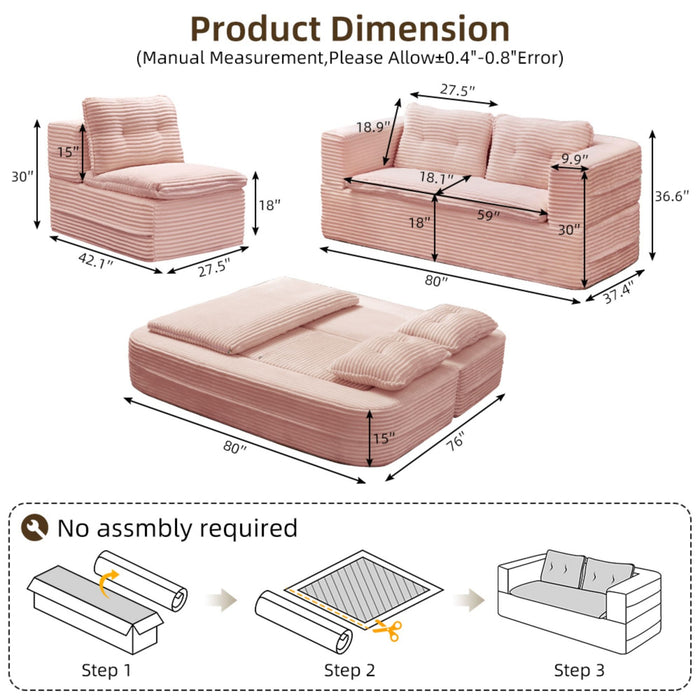 Baby pink Giga multi-functional sectional sofa bed with chaise lounge, blanket, convertible king size bed, deep seat, futon style.