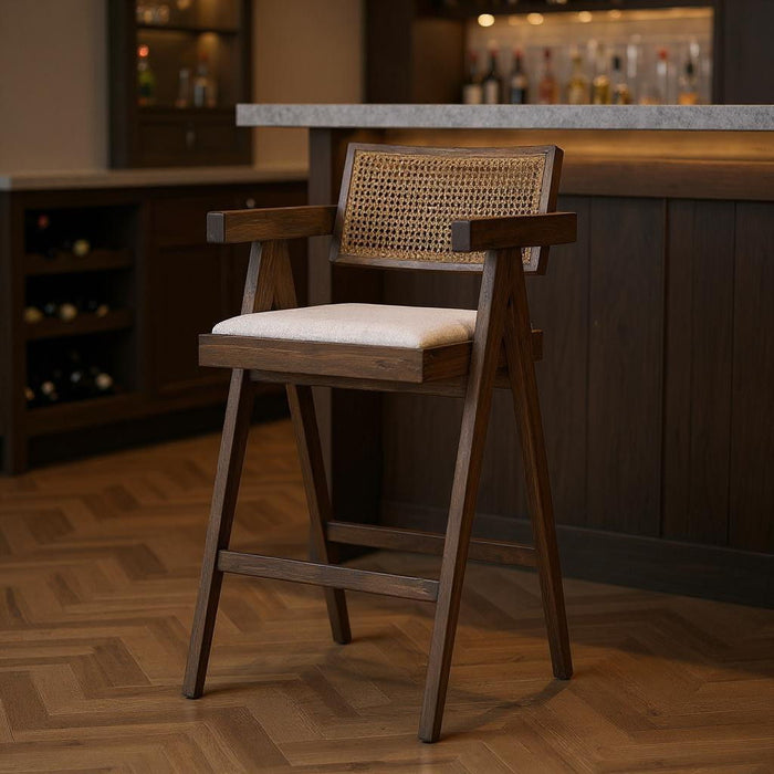 Fabric And Solid Wood Low Back Bar Height Bar Chair - Off White / Brown