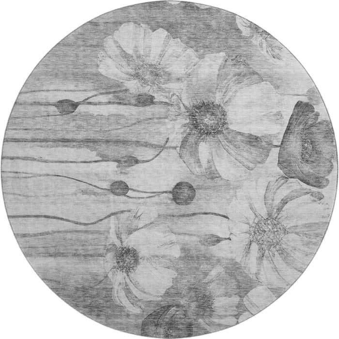 8' Floral Washable Round Rug With UV Protection (657302) - Gray / Silver