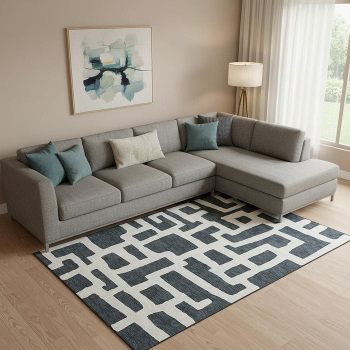 10' X 14' Abstract Geometric Washable Area Rug With UV Protection (671774) - Black / Ivory