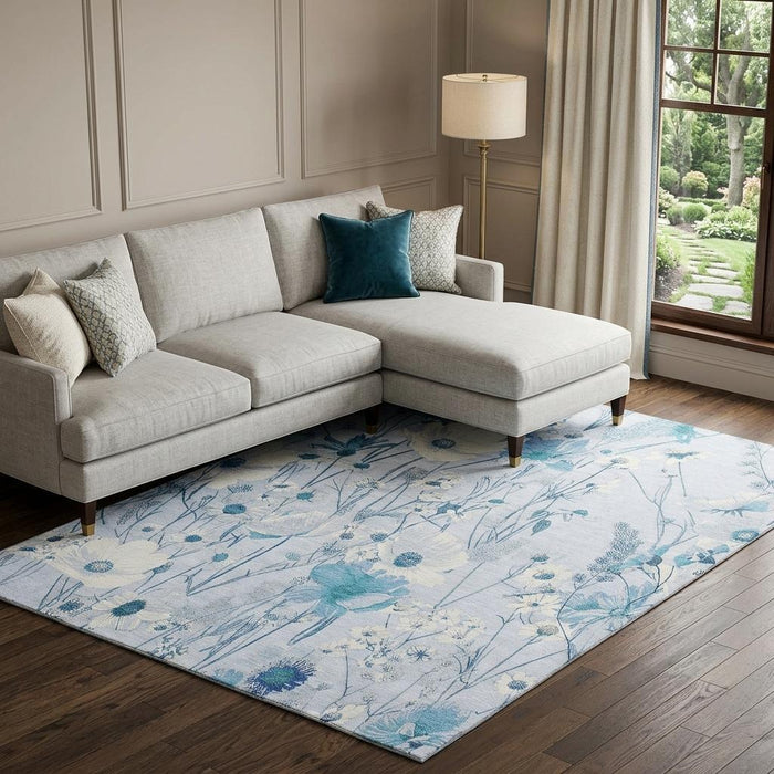 10' X 14' Floral Washable Area Rug With UV Protection (694080) - Sky Blue / Ivory