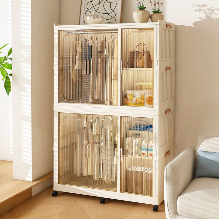Cream white portable wardrobe closet by Giga with six magnetic doors, six cubes, two hanging rods, and six hangers inside.