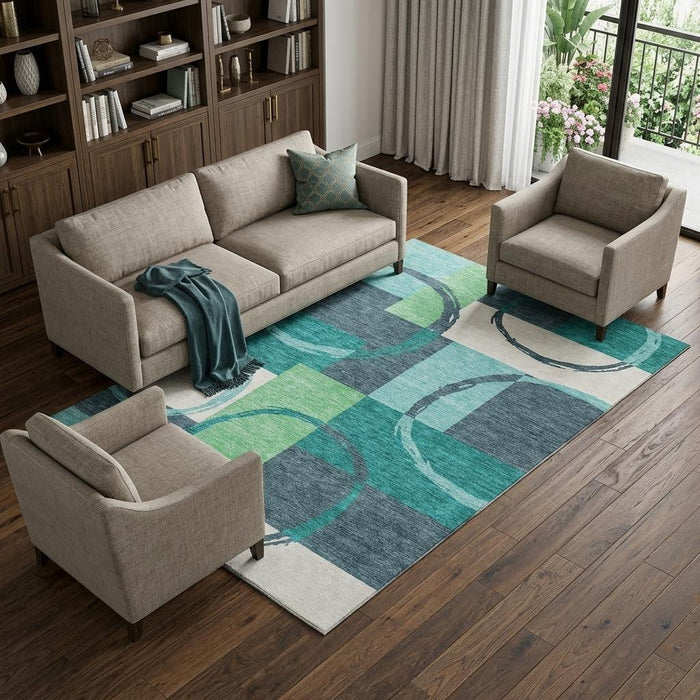 10' X 14' Geometric Washable Area Rug With UV Protection (675096) - Teal / Ivory / Green