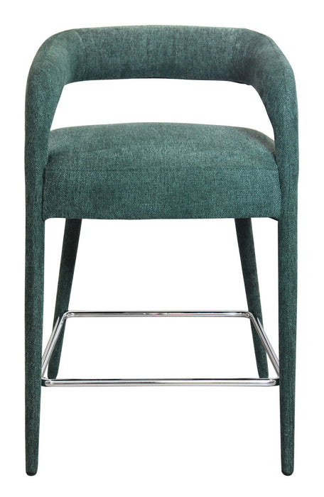 Teal blue metal and fabric low back counter height bar chair with modern design by HomeRoots, 25 inches tall.