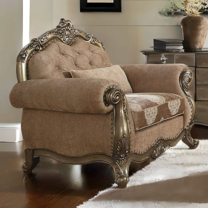 Linen Damask Tufted Arm Chair And Toss Pillow - Brown And Champagne