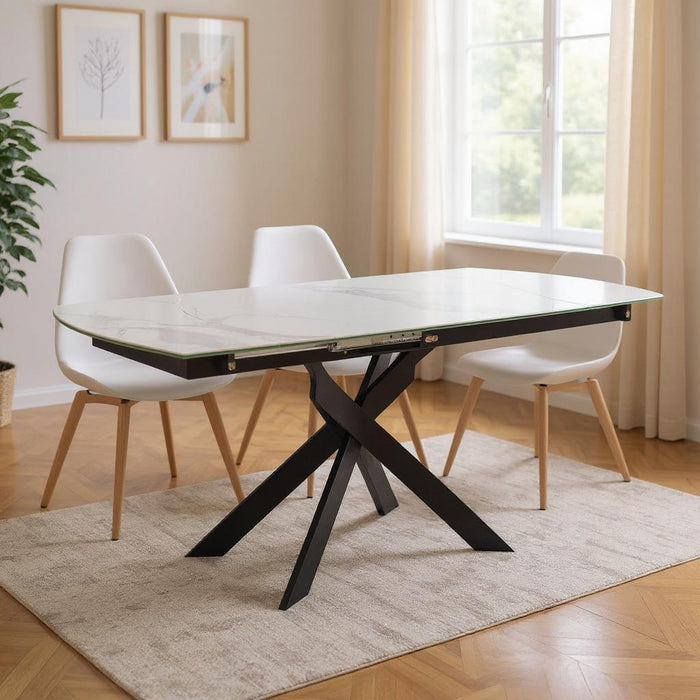 47" Ceramic And Metal Self-Storing Leaf Cross Leg Base Oval Extendable Dining Room Table - Gray / White