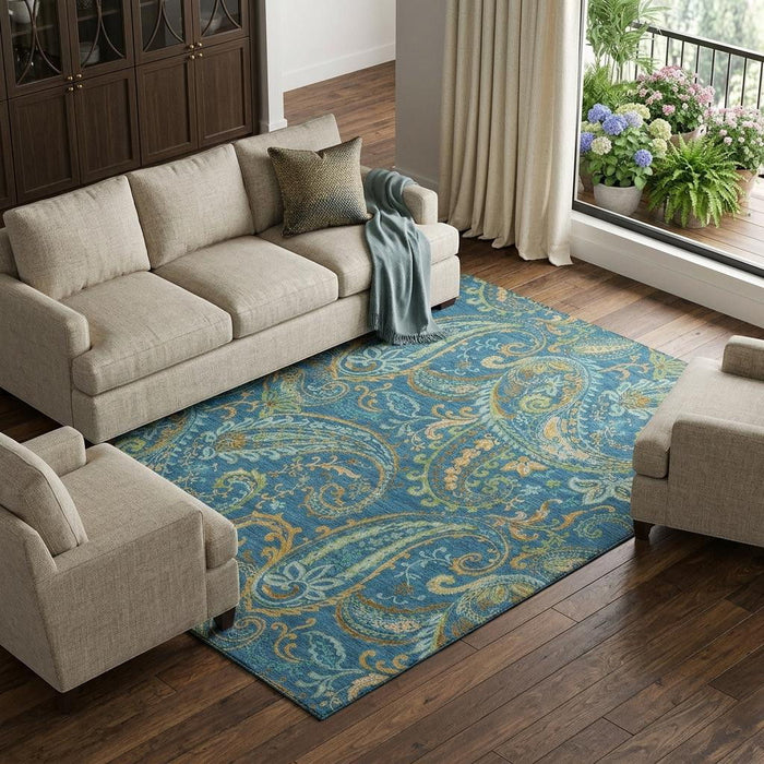 10' X 14' Paisley Washable Area Rug With UV Protection (647986) - Navy Blue / Green / Gold