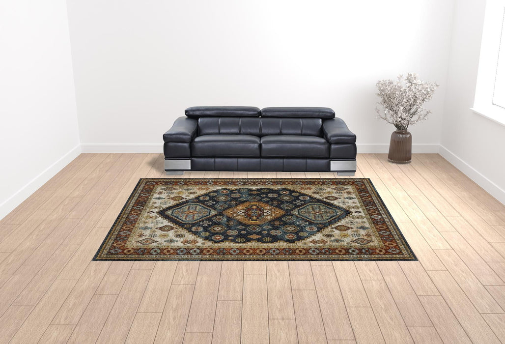 10' x 13' Oriental Power Loom Stain Resistant Area Rug With Fringe - Blue Red Beige Orange Gold And Tan