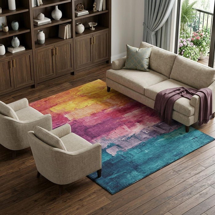10' X 14' Abstract Washable Area Rug With UV Protection (693924) - Merlot / Gold / Blue / Purple