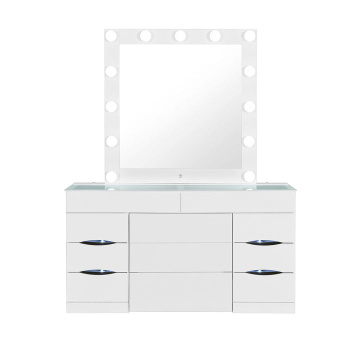 White 62-inch wood and glass vanity set with six drawers, mirror, seating, and built-in lights by HomeRoots.