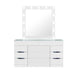 White 62-inch wood and glass vanity set with six drawers, mirror, seating, and built-in lights by HomeRoots.