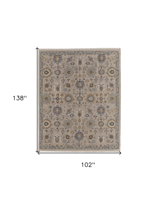 8' x 12' Wool Oriental Hand Knotted Area Rug With Fringe - Tan Brown And Gray