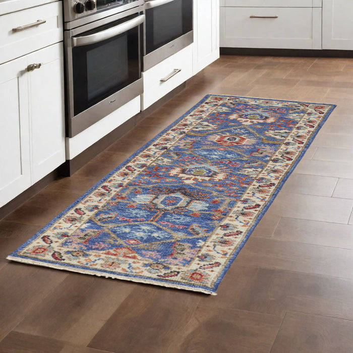 8' Wool Floral Hand Knotted Stain Resistant Runner Rug - Blue And Red